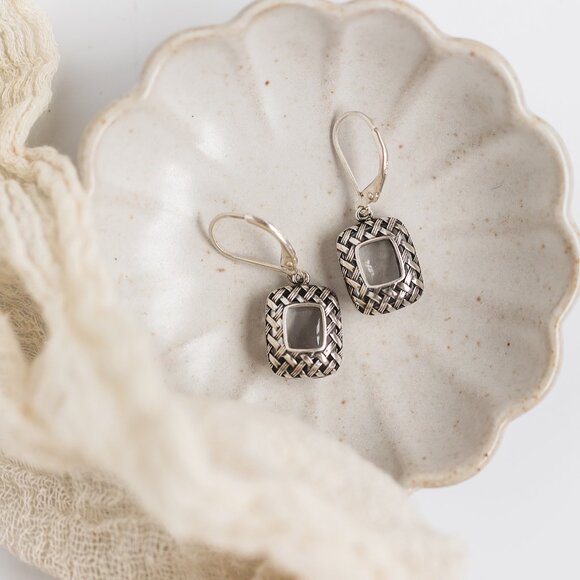 Recycled Vintage Clear Dairy Bottles Sterling Quilted Square Earrings - Picture 3 of 6